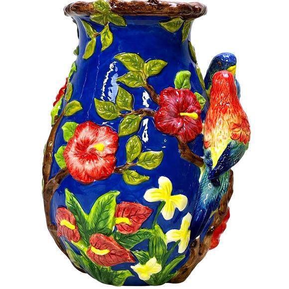 Signature Home Collection 'Bird' Parrots Vibrant Majolica 14.5" Ceramic Art Vase - Picture 5 of 11